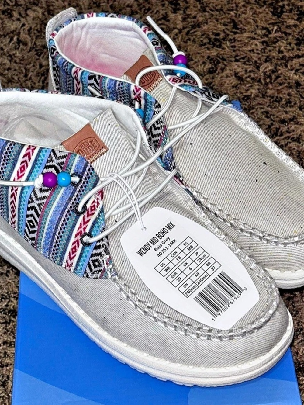 Hey Dude Wendy Mid Boho Mix Baja Grey Canvas Loafers Slip On Women’s Size 8
